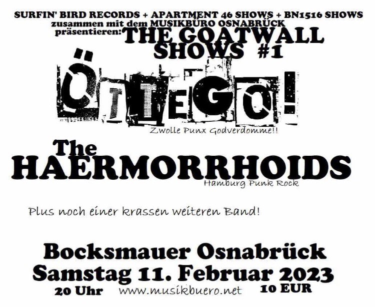 Plakat von The Bocksmauer: Öttgo + The Haermorrhoids + Vicio in der Bocksmauer Osnabrück am 11.02.2023