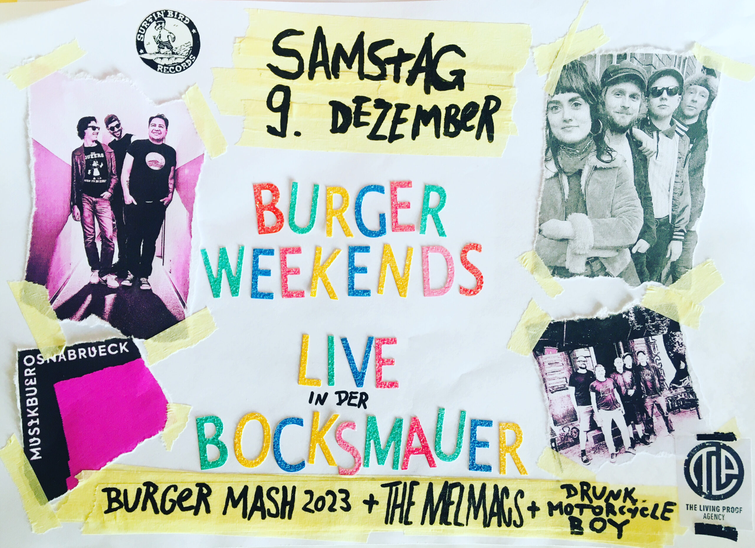 Flyer vom Burger Mash 2023 in der Bocksmauer Osnabrück mit Burger Weekends, Drunk Motorcyce Boy und The Melmacs am 09.12.2023