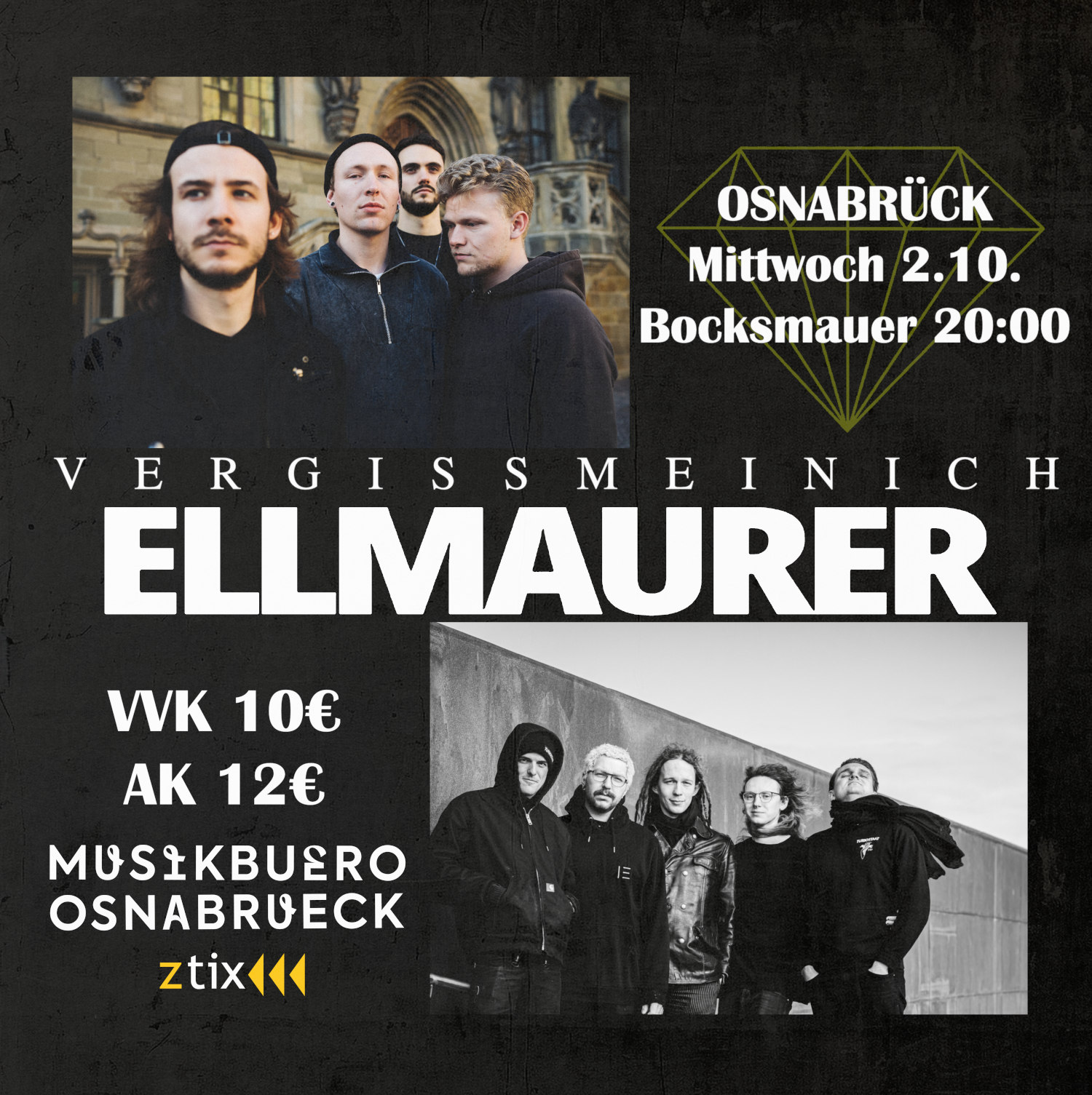 Flyer vom Konzert: Vergissmeinich + Eilmaurer. Mittwoch, 02.10. Bocksmauer Osnabrück